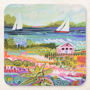 Two Sailboats and Cottage Square Paper Coaster