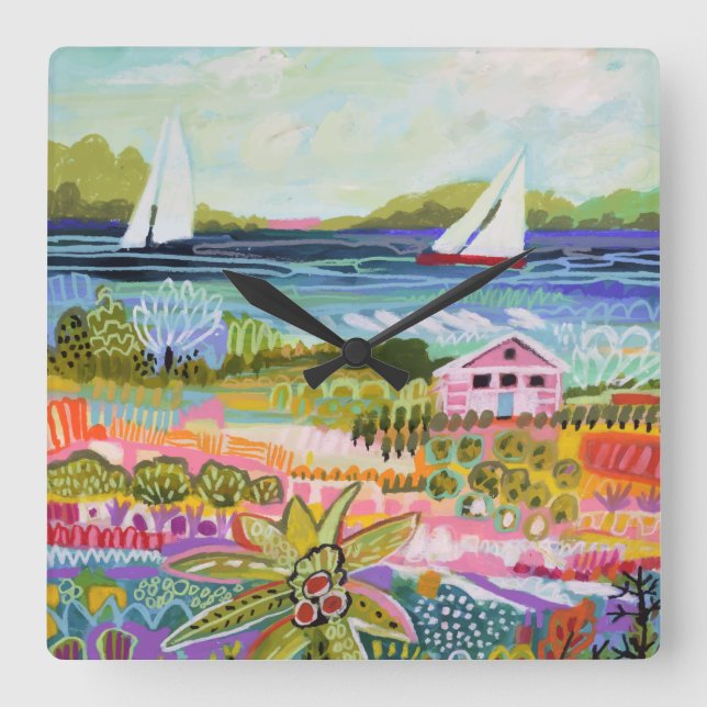 Two Sailboats and Cottage Square Wall Clock (Front)