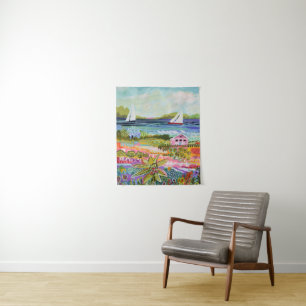 Two Sailboats and Cottage Tapestry
