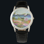 Two Sailboats and Cottage Watch<br><div class="desc">Two Sailboats and Cottage I by Karen Fields. Bright,  fun scene with flowers,  trees,  a cottage,  and sailboats out on the water.</div>