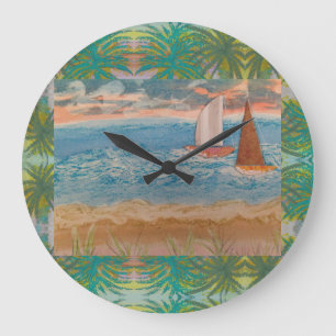 Two Sailboats Cloudy Skies Large Clock