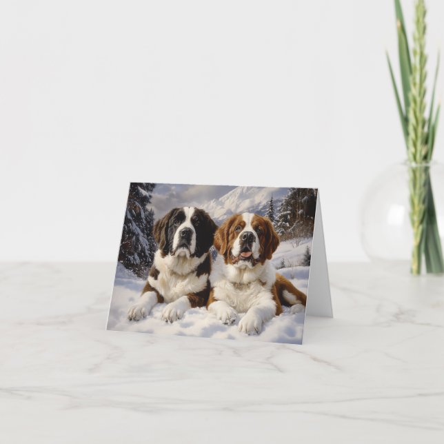 Two Saint Bernards in Snow Holiday Card (Front)