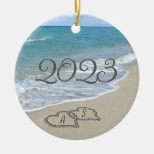 Two Sand Hearts on the Beach Ceramic Tree Decoration