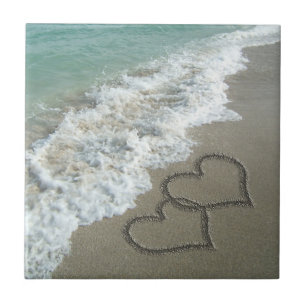 Two Sand Hearts on the Beach, Romantic Ocean Ceramic Tile