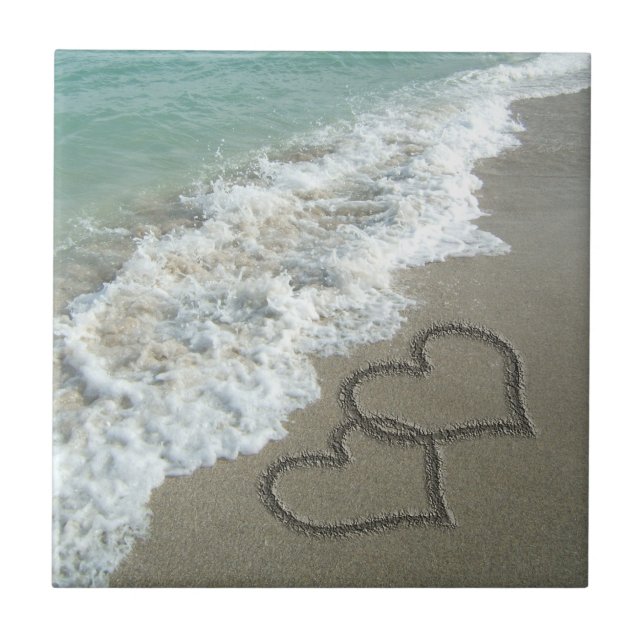 Two Sand Hearts on the Beach, Romantic Ocean Ceramic Tile (Front)