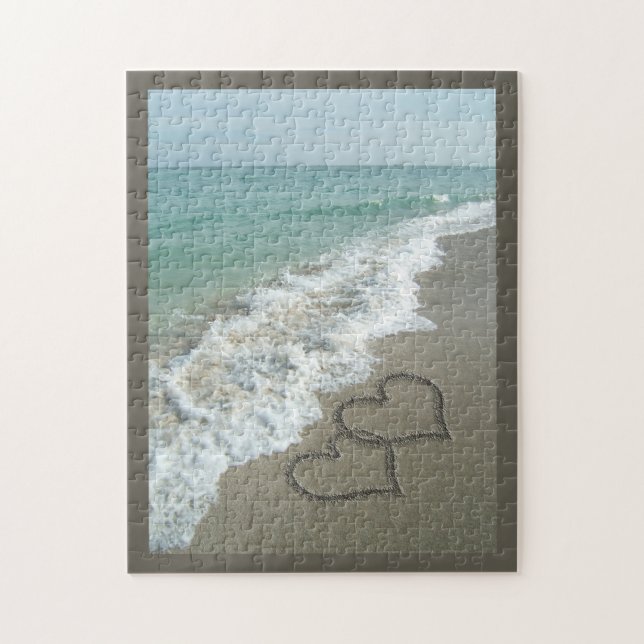 Two Sand Hearts on the Beach, Romantic Ocean Jigsaw Puzzle (Vertical)