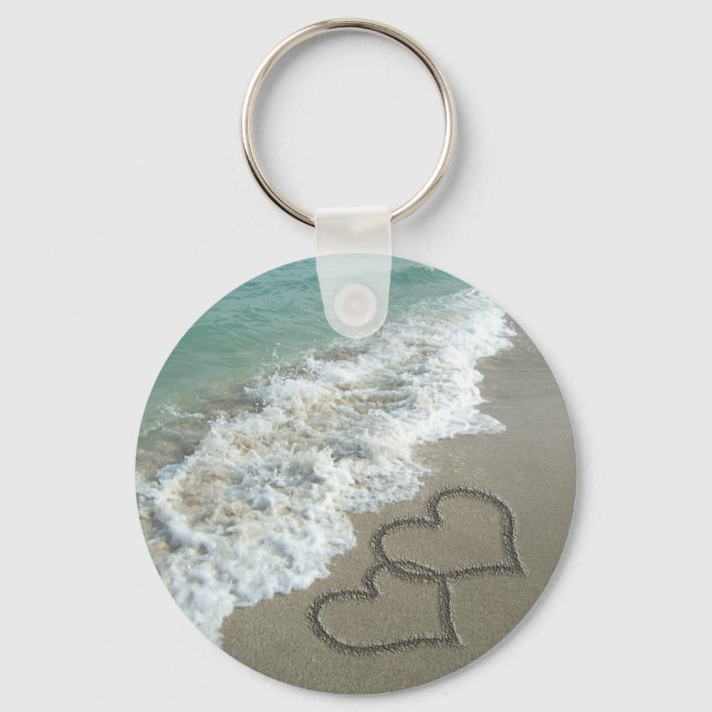 Two Sand Hearts on the Beach, Romantic Ocean Key Ring (Front)