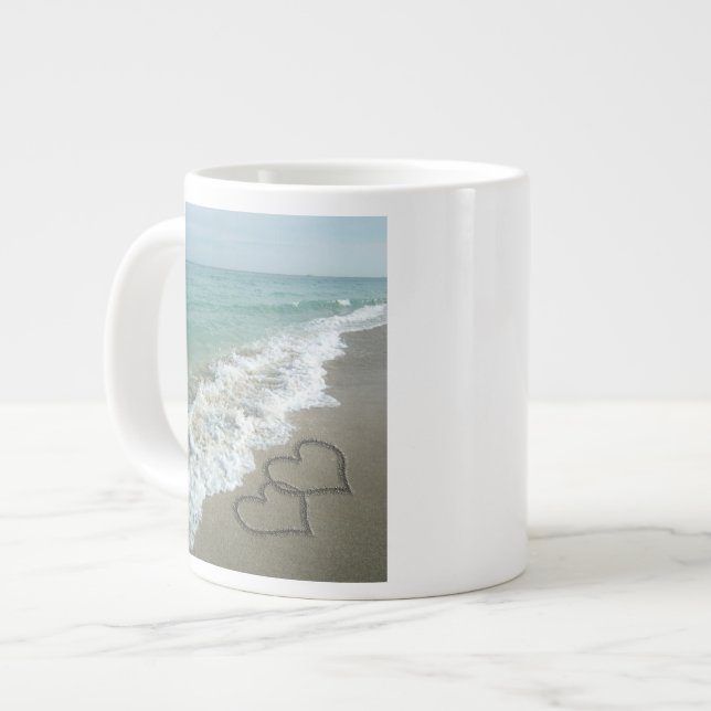 Two Sand Hearts on the Beach, Romantic Ocean Large Coffee Mug (Front Left)