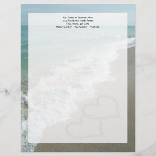 Two Sand Hearts on the Beach, Romantic Ocean Letterhead Template