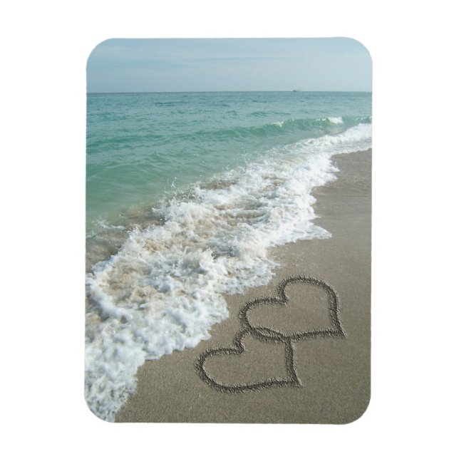 Two Sand Hearts on the Beach, Romantic Ocean Magnet (Vertical)