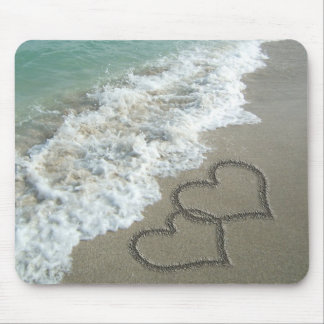 Two Sand Hearts on the Beach, Romantic Ocean Mouse Pad