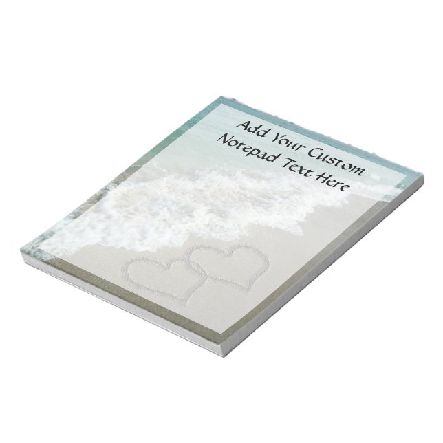 Two Sand Hearts on the Beach, Romantic Ocean Notepad (Rotated)