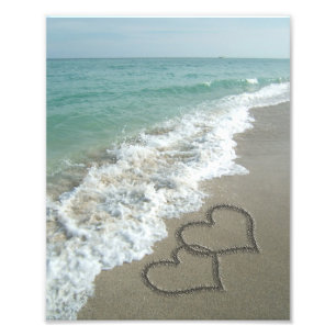 Two Sand Hearts on the Beach, Romantic Ocean Photo Print
