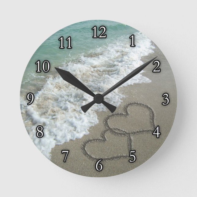 Two Sand Hearts on the Beach Round Clock (Front)