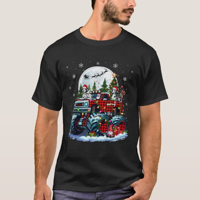 Two Santa Dalmatians On Monster Truck Santa Gnome  T-Shirt (Front)