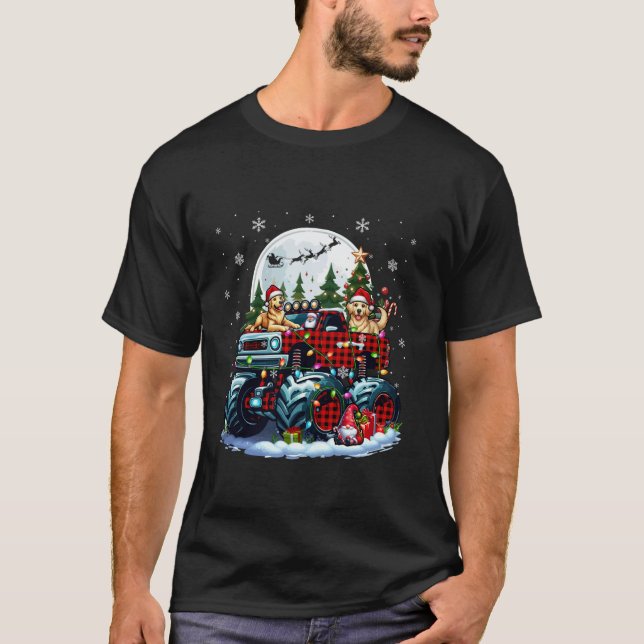 Two Santa Golden Retrievers On Monster Truck Santa T-Shirt (Front)
