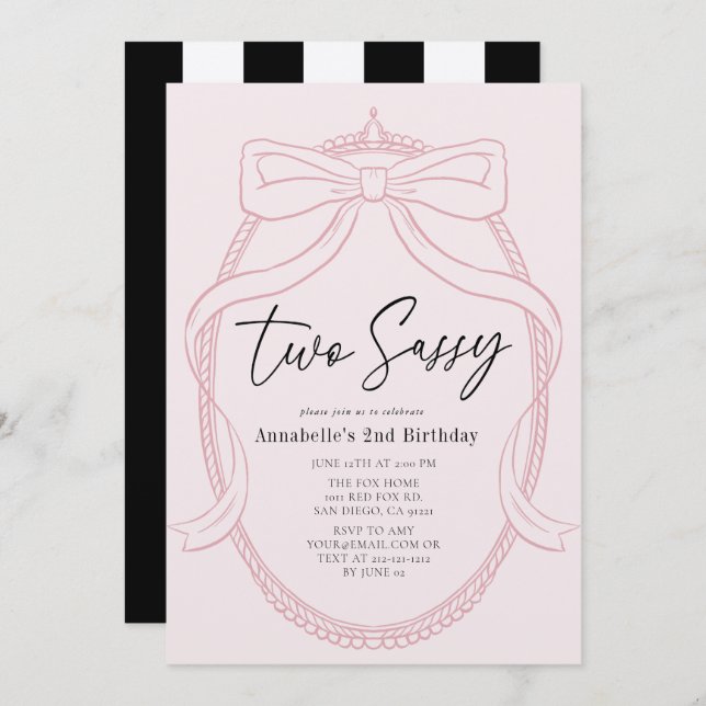 Two Sassy Pink Tiara & Bow Girl 2nd Birthday Invitation (Front/Back)