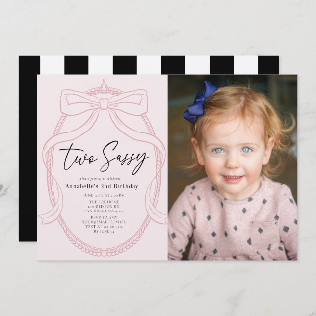Two Sassy Pink Tiara & Bow Girl Photo 2nd Birthday Invitation (Front/Back)