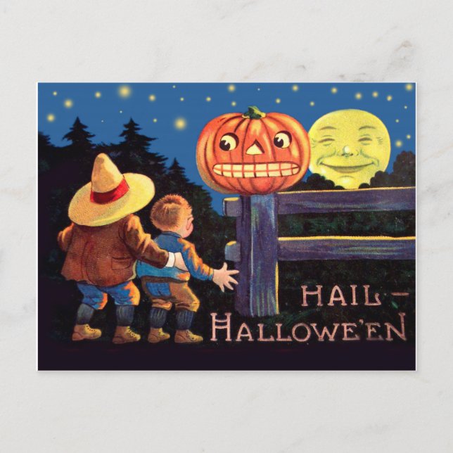 Two scared kids on Halloween night Postcard (Front)