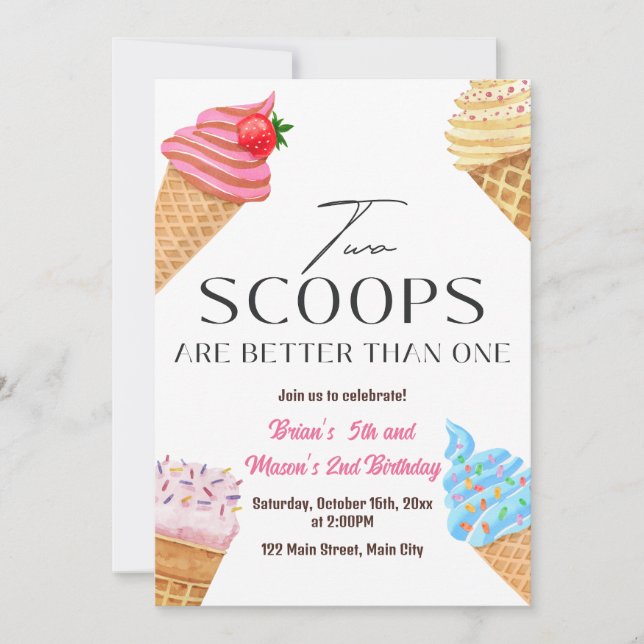 Two Scoops Are Better Than One Birthday Party Invitation (Front)