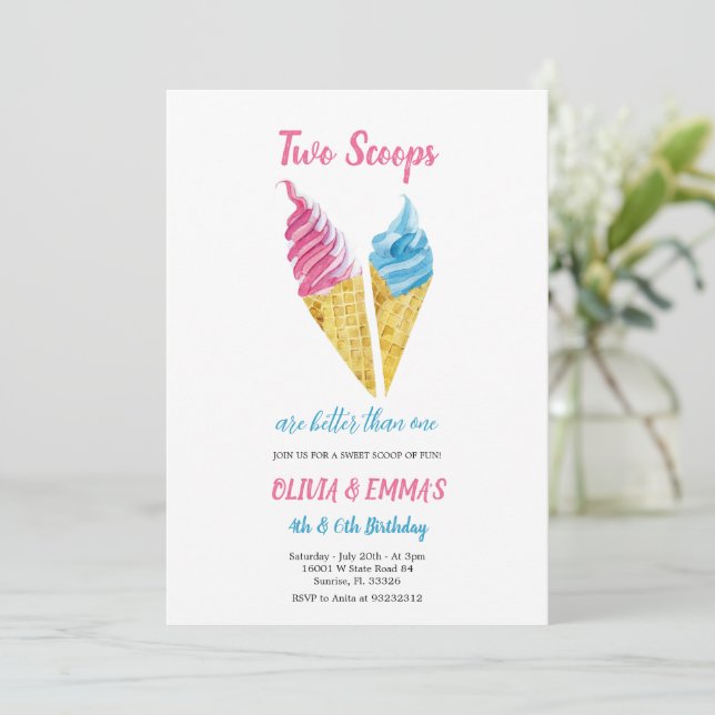 two scoops ice cream birthday invitation (Standing Front)