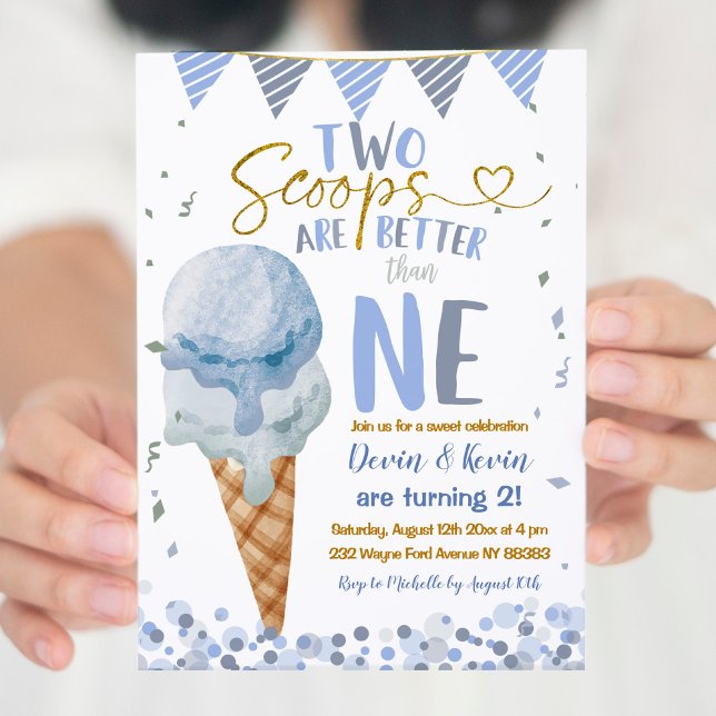 Two Scoops Ice Cream Twin Boys Summer Birthday Invitation (Creator Uploaded)