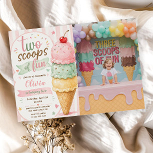 Two Scoops Of Fun 2nd Birthday Party  Invitation