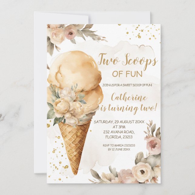 Two Scoops Of Fun Beige Floral 2nd Birthday Party Invitation (Front)