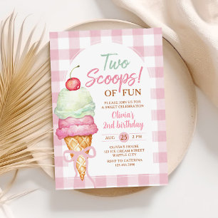 Two Scoops Of Fun Ice Cream Bow 2nd Birthday Invitation