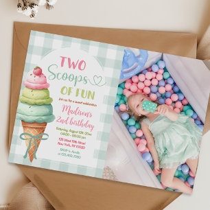 Two Scoops Of Fun Ice Cream Bow 2nd Birthday Photo Invitation
