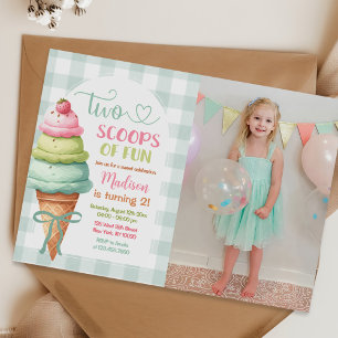 Two Scoops Of Fun Ice Cream Bow 2nd Birthday Photo Invitation