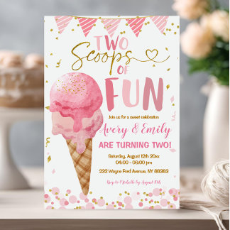 Two Scoops Of Fun Pink Ice Cream Birthday Party Invitation