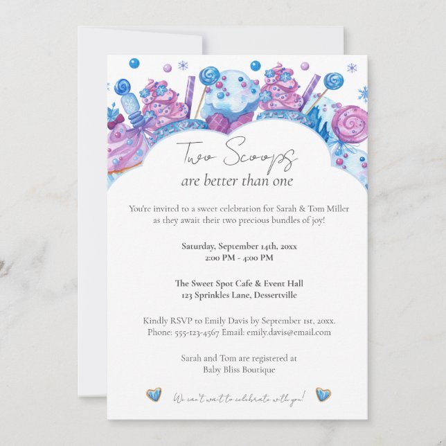 Two Scoops Sweet Twin Baby Shower Invitation (Front)