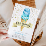 Two Scoops Twin Boys Ice Cream Baby Shower Invitation<br><div class="desc">Cute ice cream theme twin boy's baby shower invitation card featuring watercolor illustration of blue and mint green ice creams on waffle cone. There are faux gold sprinkles around. The text in the banner says "two scoops are better than one."</div>