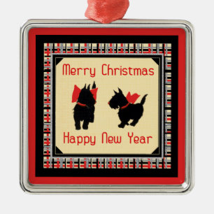 Two Scottie Dog, Scottish Terrier Merry Christmas Metal Ornament