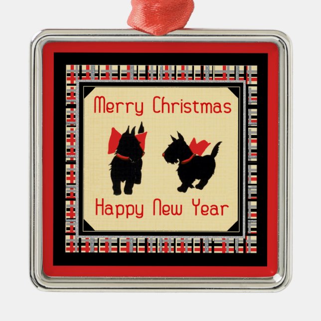 Two Scottie Dog, Scottish Terrier Merry Christmas Metal Ornament (Front)