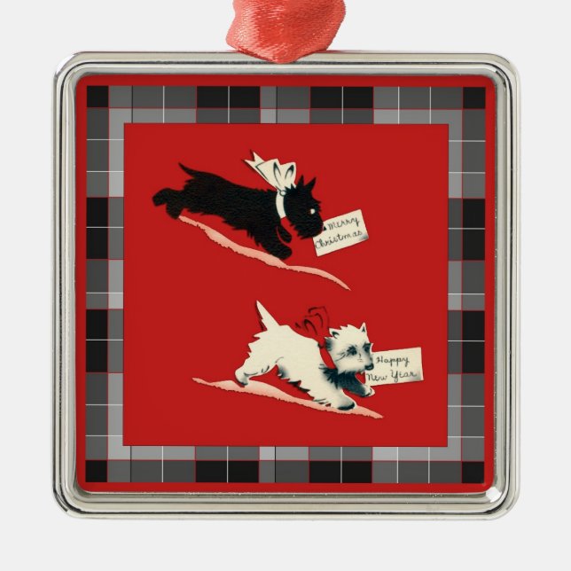 Two Scottie Dogs, Black and White Scottish Terrier Metal Ornament (Front)
