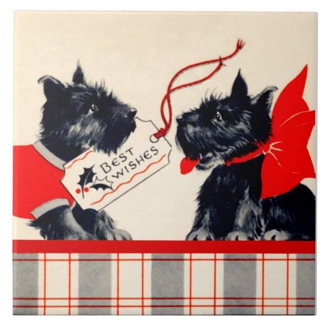 Two Scottie Dogs, Black Scottish Terrier Ornament Ceramic Tile (Front)