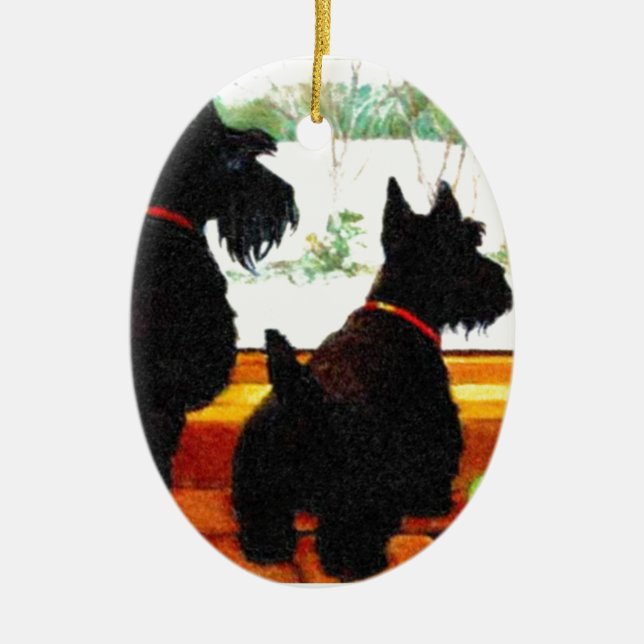Two Scottie Dogs Waiting for Santa Claus Ceramic Ornament (Front)