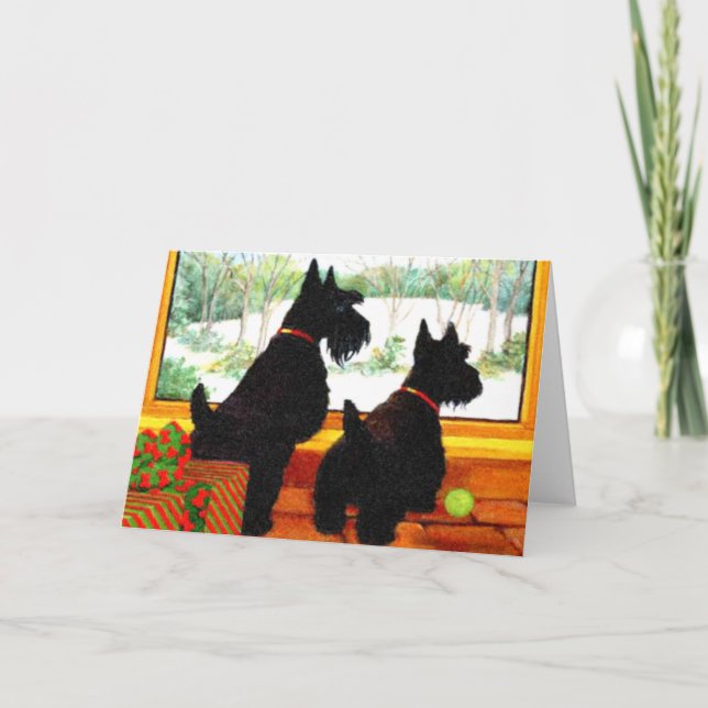 Two Scottie Dogs Waiting for Santa Claus Holiday Card (Front)