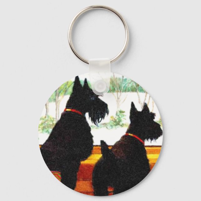 Two Scottie Dogs Waiting for Santa Claus Key Ring (Front)