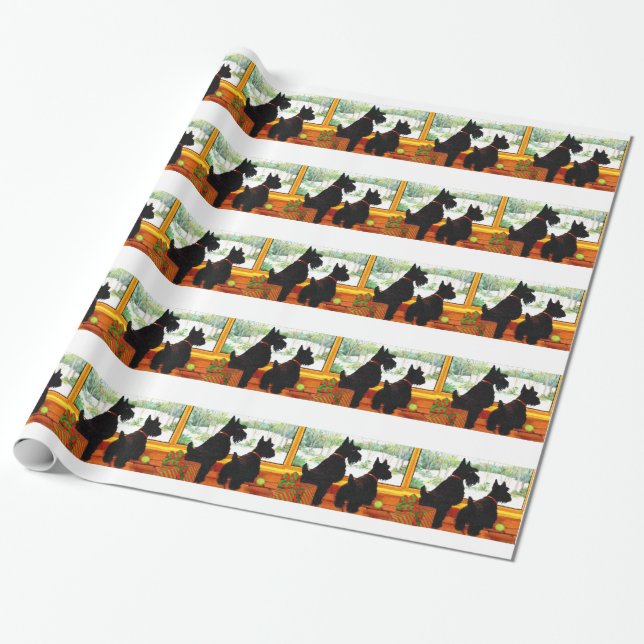 Two Scottie Dogs Waiting for Santa Claus Wrapping Paper (Unrolled)