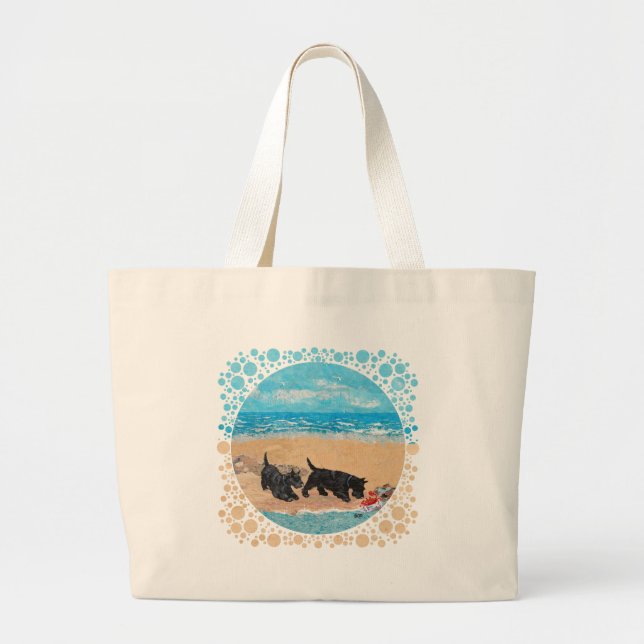 Two Scotties at the Beach Large Tote Bag (Front)