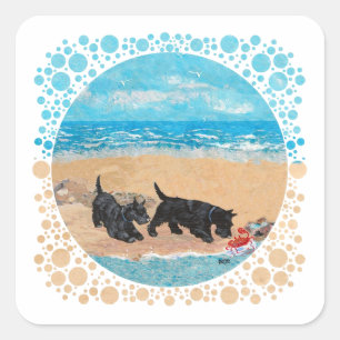 Two Scotties at the Beach Square Sticker