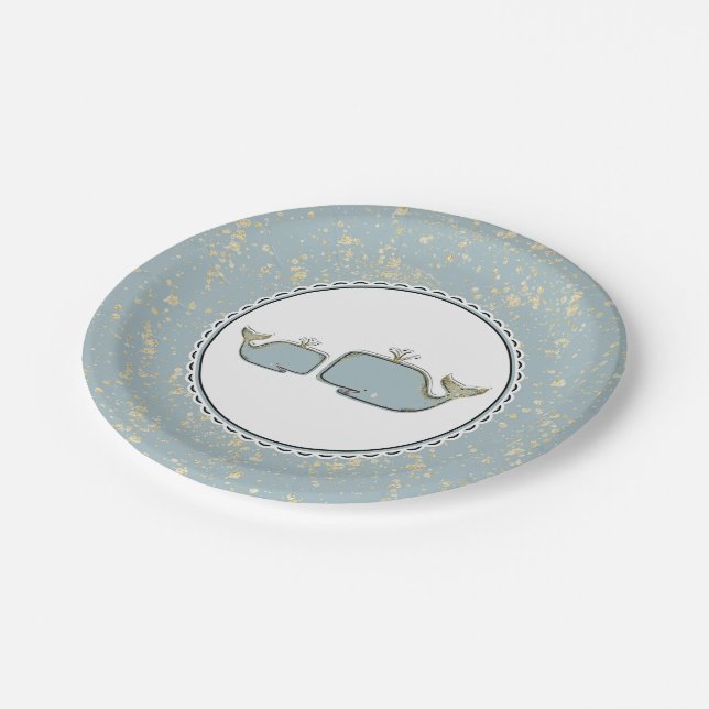 Two Sea Whales Blue & Gold Boutique Baby Shower Paper Plate (Angled)