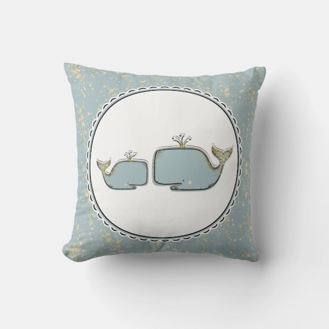 Two Sea Whales Blue & Gold Boutique Nursery Cushion (Front)