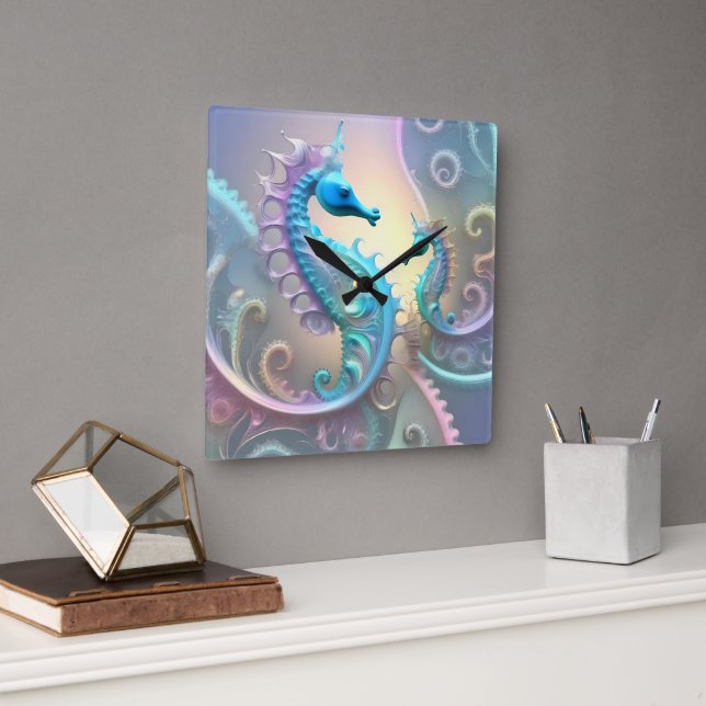 Two Seahorses Pastel Fractal Art, Square Wall Clock (Office)