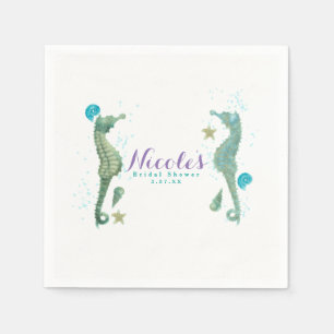 Two Seahorses Watercolor Beach Wedding Engagement Napkin