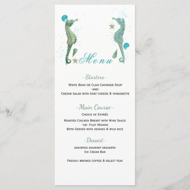 Two Seahorses Watercolor Beach Wedding Menu Card (Front)