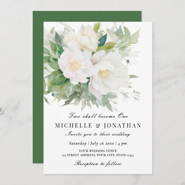 Two Shall Become One Elegant White Floral Wedding  Invitation (Front/Back)